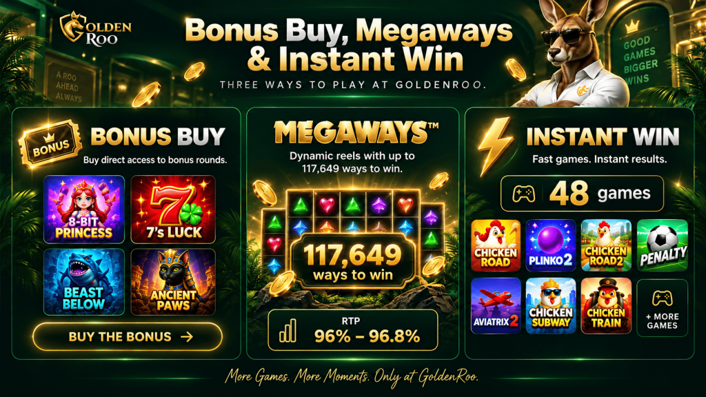 GoldenRoo online casino banner featuring Bonus Buy, Megaways, and Instant Win categories, with a kangaroo mascot, game icons, 117,649 ways to win, RTP 96%–96.8%, and 48 instant win games.