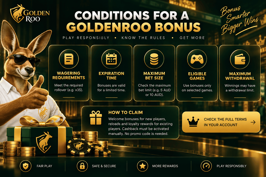 GoldenRoo bonus conditions infographic showing wagering requirements, expiration time, maximum bet size, eligible games, withdrawal limits and how to claim bonuses.