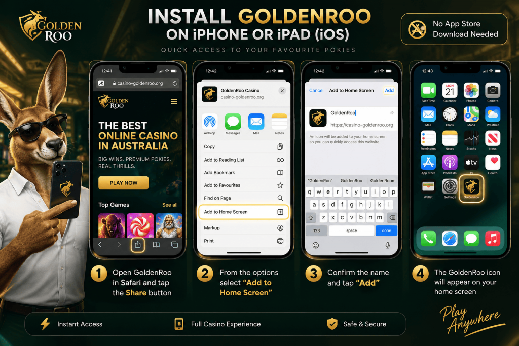 GoldenRoo iPhone and iPad installation guide showing how to add the casino PWA to the iOS home screen using Safari.